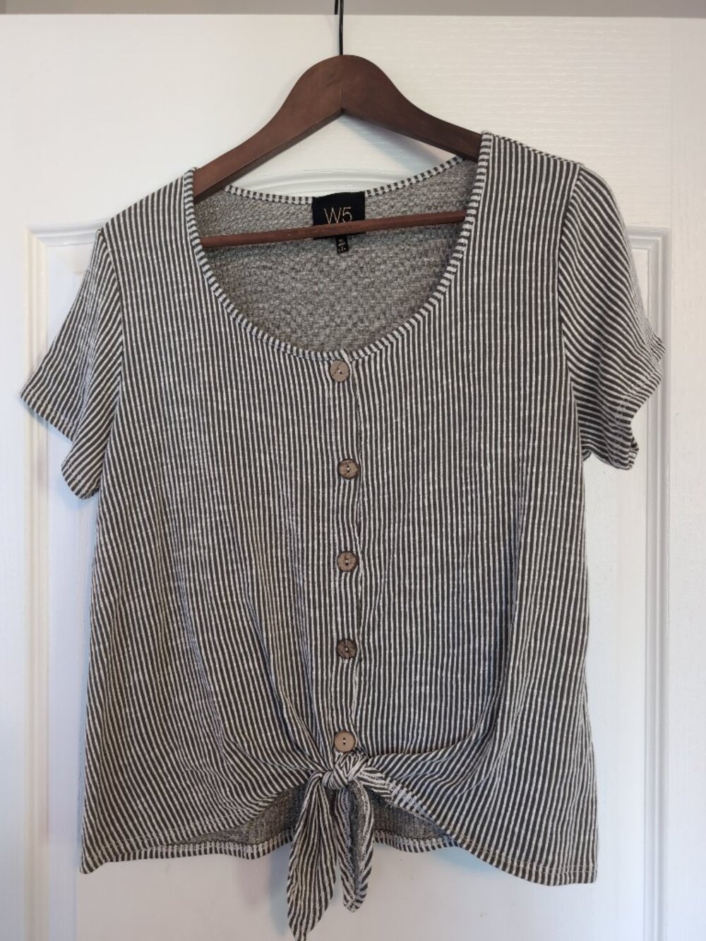Green and cream striped button tee